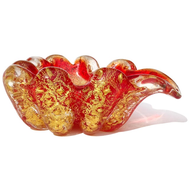 Glass Vintage Murano Barovier Toso Bright Red Gold Flecks Control Bubbles Italian Art Glass Ashtray Bowl For Sale - Image 7 of 9