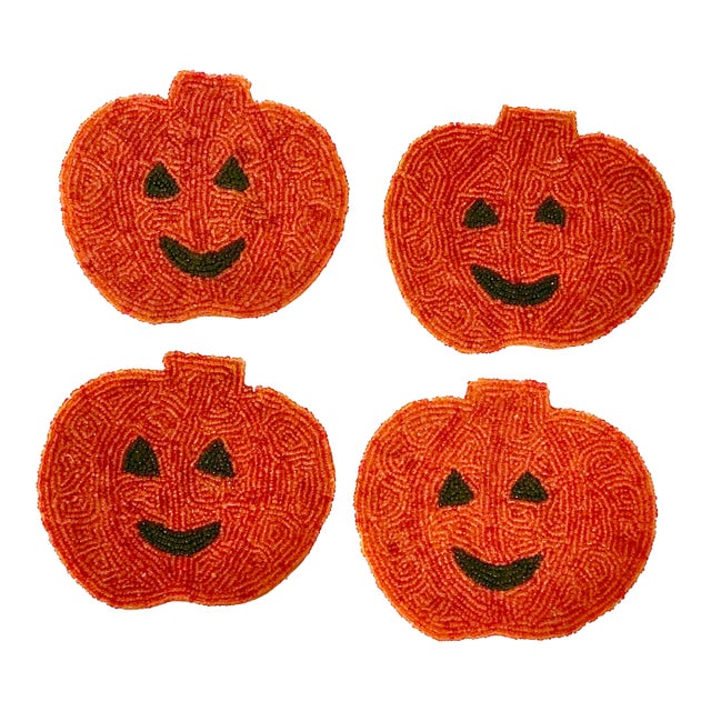 1980s Vintage Americana Boho Chic Beaded Pumpkin Jack-O-Lantern Coasters - Set of 4, Halloween For Sale