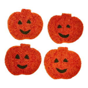 1980s Vintage Americana Boho Chic Beaded Pumpkin Jack-O-Lantern Coasters - Set of 4, Halloween