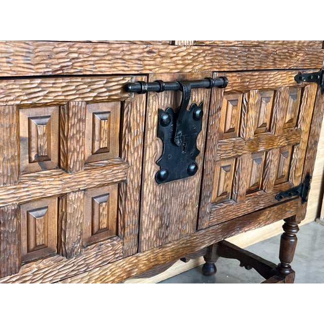 Brown 19th Spanish Baroque Carved Walnut Tuscan Two Drawer Credenza or Buffet For Sale - Image 8 of 18