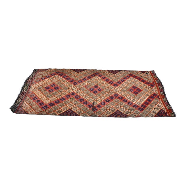 1960s Ruby- Red Color Geometric Pattern Handmade Kilim Runner For Sale