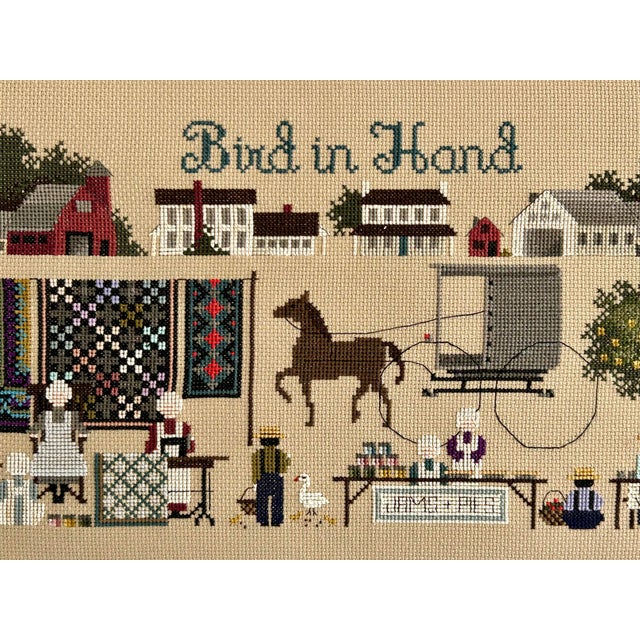 Farmhouse Vintage “Bird in Hand” Counted Cross Stitch by Told in a Garden – Amish Village Folk Art Needlework, Framed Handmade Textile For Sale - Image 3 of 6