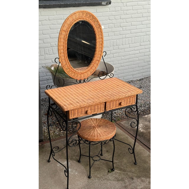 Rattan and Wrought Iron Vanity Table with Mirror and Bench, 1960s, Set of 2 For Sale - Image 13 of 18