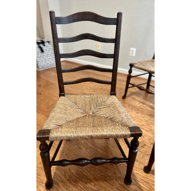 Brown Antique , Late 19th Century, English Ladder Back Chairs With Original Rush Seats. Set of 4 For Sale - Image 8 of 14