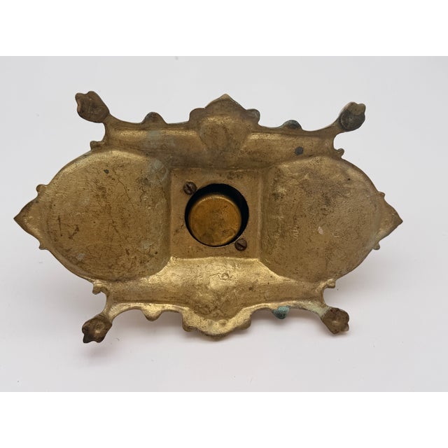 Vintage Elaborate Brass Desk Inkwell Stand With Pen Trays For Sale - Image 9 of 9