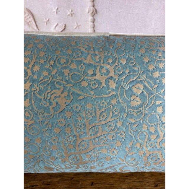 Aqua Pair of Venetian Aqua and Gold Fortuny Textile Lumbar Pillows For Sale - Image 8 of 8