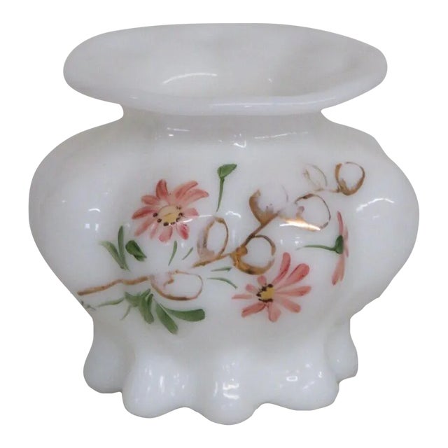Consolidated Glass Hand Painted Floral White Catalonian Melon Vase For Sale