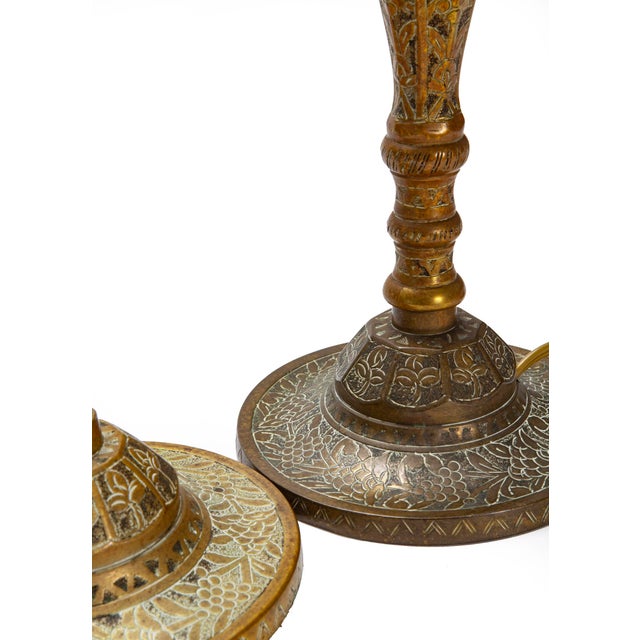 Early 20th Century Etched Brass Candlestick Lamps - a Pair For Sale - Image 4 of 12