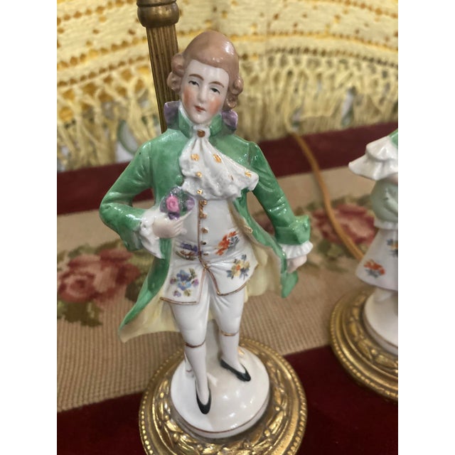 Pair of Vintage Porcelain Figurine Lamps – Rococo Style – Lady & Gentleman – 12” For Sale - Image 10 of 16
