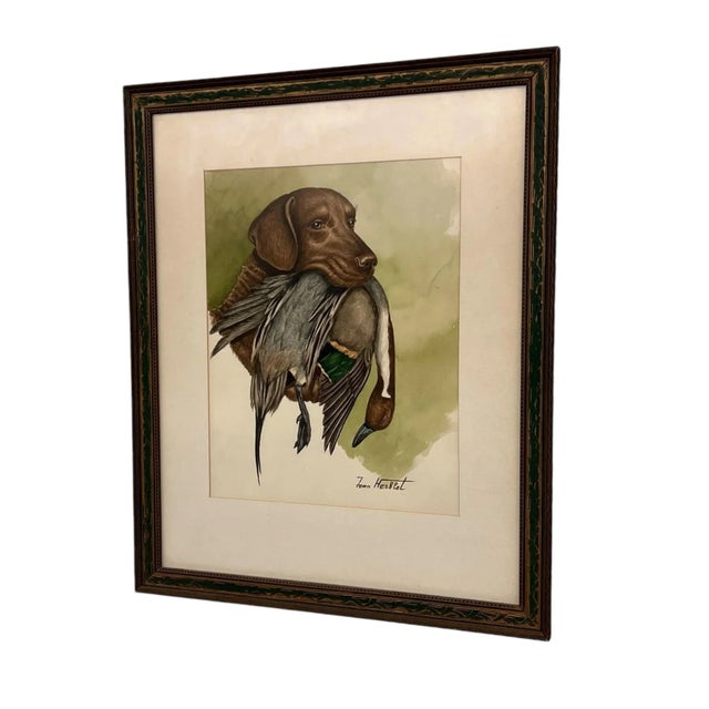 Original watercolor painting of a hunting dog holding bird in a mouth. The measurements are 16" by 13 1/2" inside the mat...