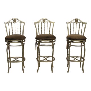 Late 20th Century Metal Green Upholstered Swivel Bar Stools- Set of 3 For Sale