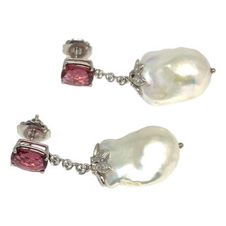 Diamond Rubellite Tourmaline Pearl Earrings 18k Gold 6.25 TCW Certified For Sale