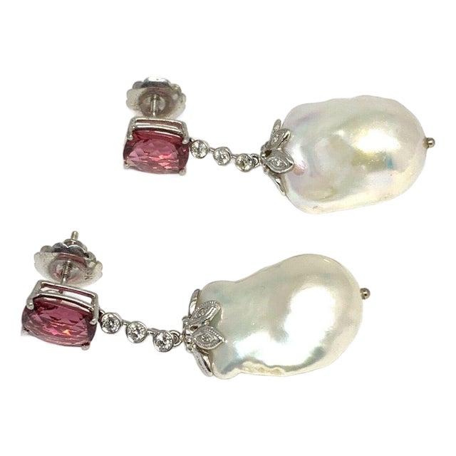 Diamond Rubellite Tourmaline Pearl Earrings 18k Gold 6.25 TCW Certified For Sale