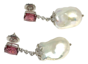 Diamond Rubellite Tourmaline Pearl Earrings 18k Gold 6.25 TCW Certified