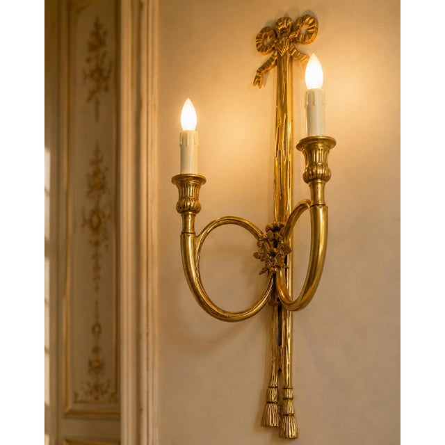 Late20C French Maker Louis XVI Gilt Bronze Sconces Wall Lamps-Pair For Sale - Image 6 of 18