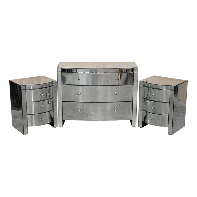 Bow Fronted Mirrored Glass Chest of Drawers with Side Tables, Set of 2 For Sale