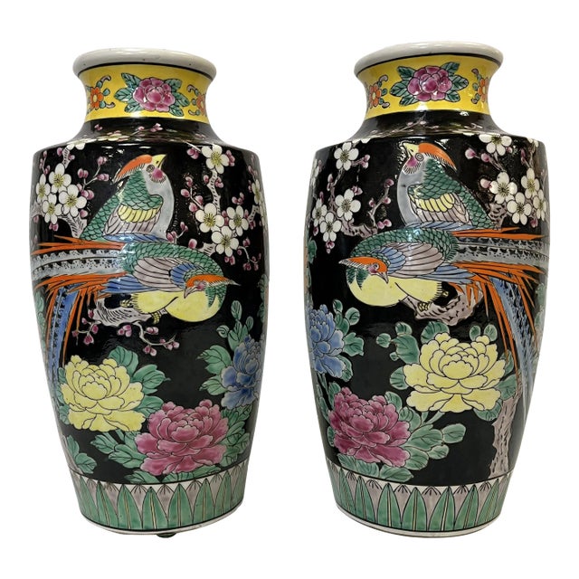Mid Century Chinoiserie Birds With Peonies Hand Painted Porcelain Vases- a Pair For Sale