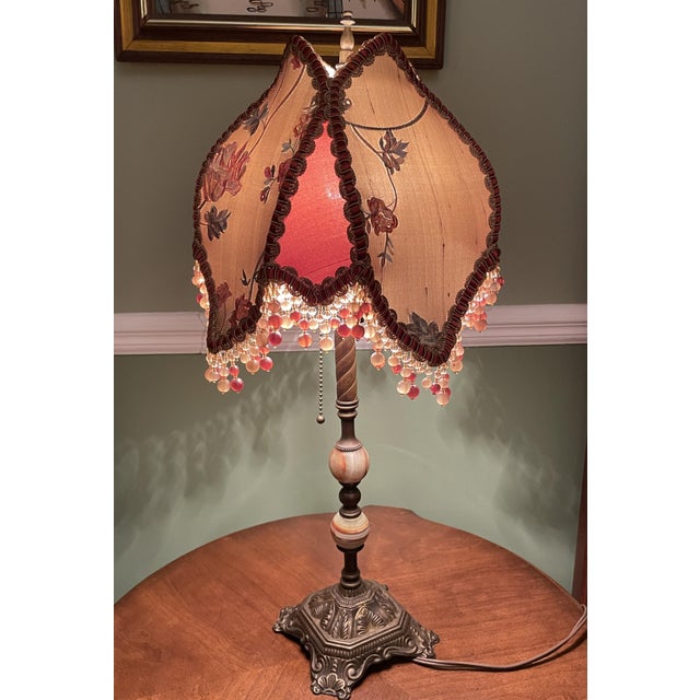 Vintage Victorian Table Lamp by Handley Industries & Lavish Lamps Beaded Fringe Shade For Sale - Image 4 of 16