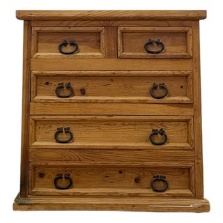 Late 20th Century Mexican Solid Pine Five Drawer Dresser Wrought Iron Pulls Rustic Farmhouse Chest For Sale