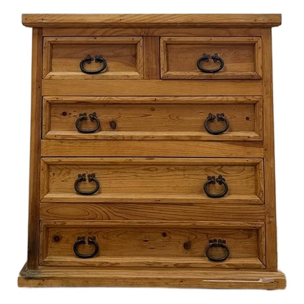 Late 20th Century Mexican Solid Pine Five Drawer Dresser Wrought Iron Pulls Rustic Farmhouse Chest For Sale