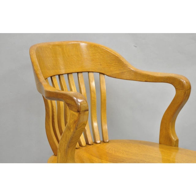 Brown Early 20th Century Traditional Antique Solid Golden Oak Wood Office Library Bankers Arm Chair For Sale - Image 8 of 16