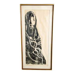 Mid Century Modern Art Print Figure Portrait Black White Sign Signed MCM Wall