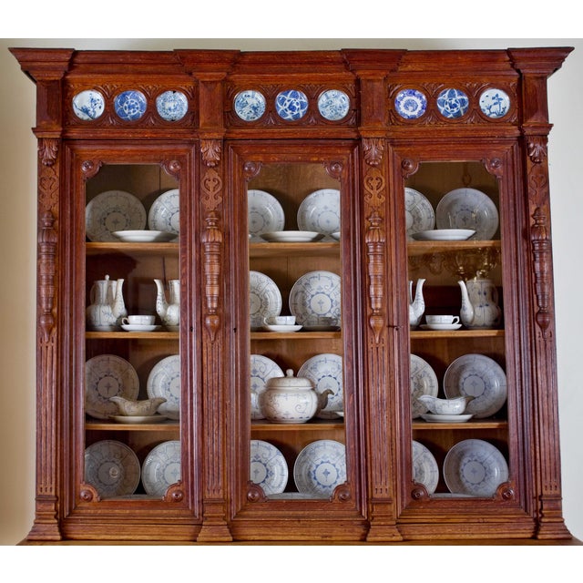 19th Century Neo-Renaissance Monumental Manor-House Display Cabinet with Integrated Porcelain Plates For Sale - Image 4 of 13