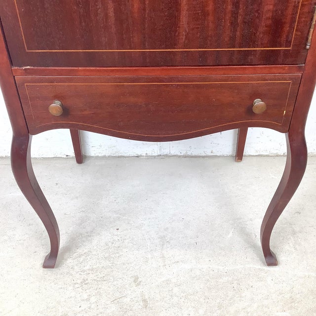 Edwardian Style Mahogany Music Cabinet — Marquetry Inlay, Cabriole Legs For Sale - Image 10 of 12