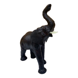 Vintage Leather Elephant Sculpture With Glass Eyes For Sale