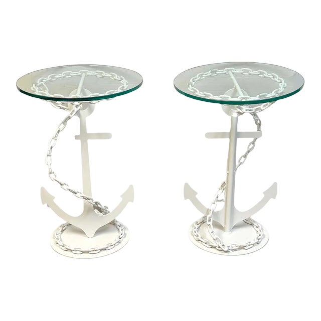 Mid 20th Century Post WWII Modern Wrought Iron Anchor & Chain Yacht Side Tables - A Pair For Sale