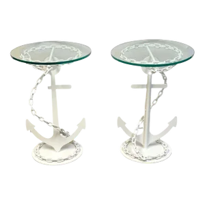 Mid 20th Century Post WWII Modern Wrought Iron Anchor & Chain Yacht Side Tables - A Pair