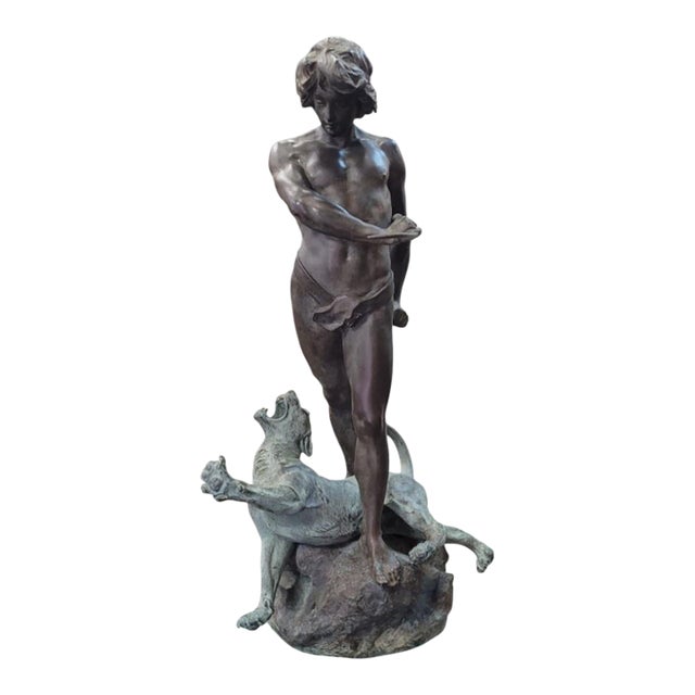 Antique Classical Bronze Statue of a Boy Slaying a Lion For Sale