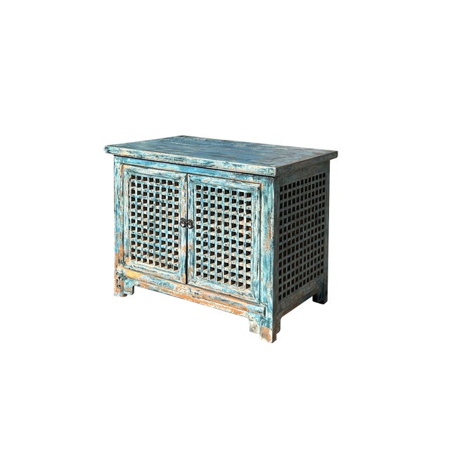Distressed Fade Turquoise Blue Latticewook Doors Credenza Storage Cabinet For Sale - Image 4 of 5