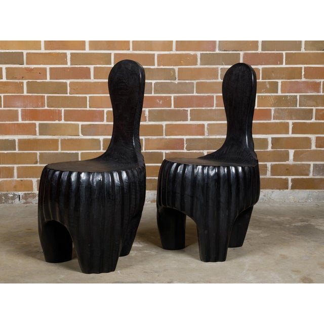 Mid 20th Century Sculptural Pair of Midcentury African Wood Spoon Back Black Chairs For Sale - Image 4 of 12