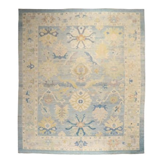 Vintage Zabihi Collection Inspired Blue Large Turkish Oushak Carpet - 12' x 16'2" For Sale