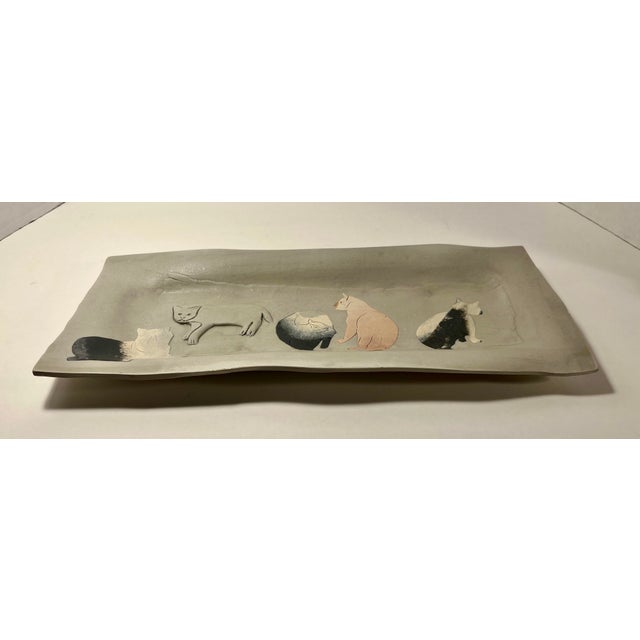 Ceramic Vintage Kamrass Kiok Nyc Studio Pottery Tray With 5 Cats, Signed For Sale - Image 7 of 9