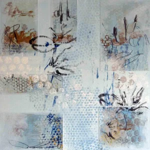 "Effloresce 3" Abstract Acrylic and Mixed-Media Collage Painting on Board Attached to Canvas
