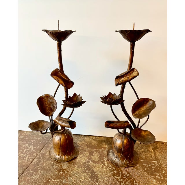 Metal Japanese Bronze Candle Stands, Lotus Design, Mid-Showa Era, 1960s For Sale - Image 7 of 12