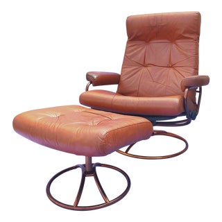 Vintage Mid Century Ekornes Stressless Swivel Brown Leather Chair & Ottoman For Sale