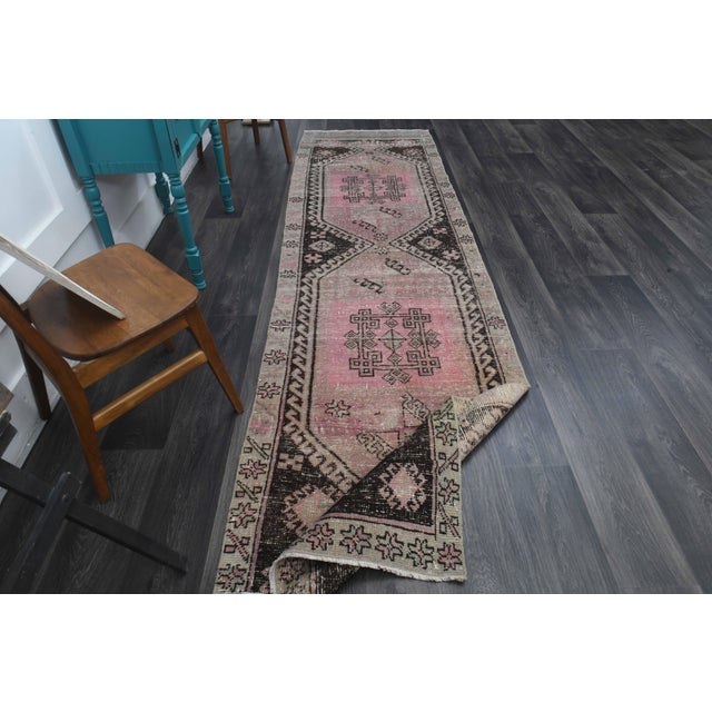 1970s Vintage Handmade Wool Cotton Pink Runner Rug For Sale - Image 9 of 11