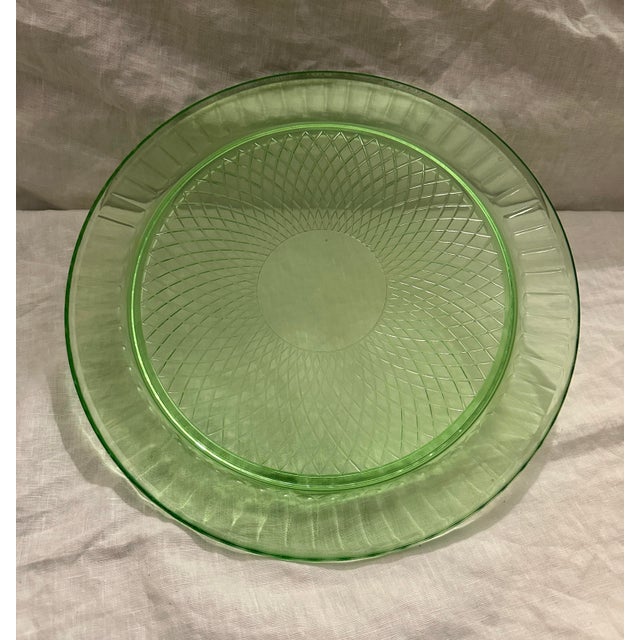 Farmhouse Vintage Green Depression Glass Cake Plate For Sale - Image 3 of 4