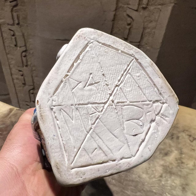 Ceramic Textured Geometric Blue Vase Modern Studio Art Pottery For Sale - Image 7 of 8