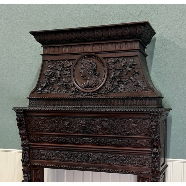 Antique French Fireplace Mantel Surround Renaissance Revival Carved Oak 19thC For Sale - Image 4 of 17