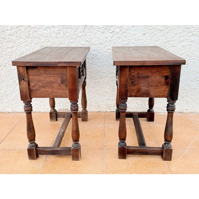 Mid 20th Century Pair of Spanish Wood Bedside Tables With Paneled Drawers, Mid-20th Century For Sale - Image 5 of 10