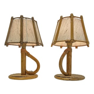 French Bamboo and Rattan Table Lamps by Louis Sognot, 1960s, Set of 2 For Sale