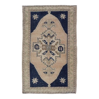 Vintage Turkish Oushak Rug With Beige Field and Navy Blue Accents 2 X 3 For Sale