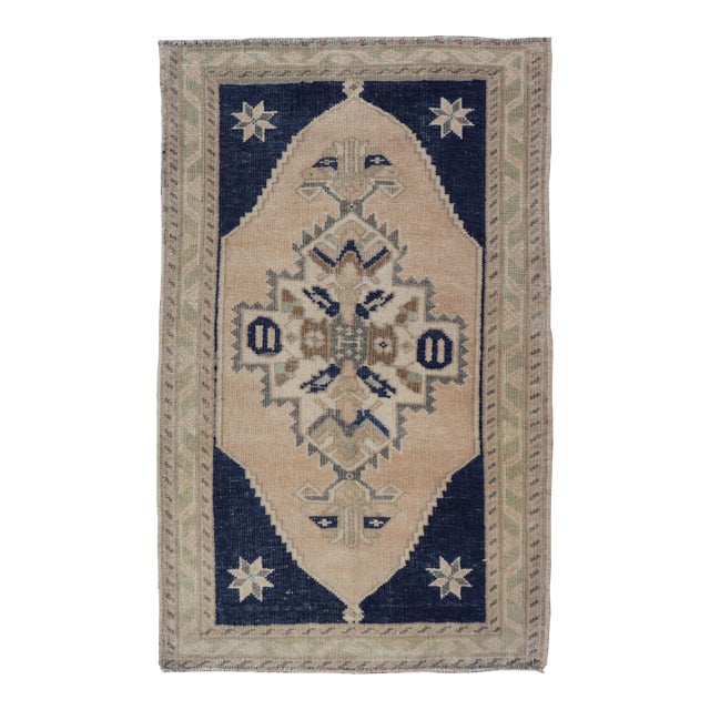 Vintage Turkish Oushak Rug With Beige Field and Navy Blue Accents 2 X 3 For Sale