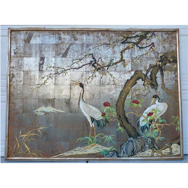Art Deco 1920s Large Japanese Chinoiserie Crane Painting on Wood Panel W/ Silver, Gold, & Copper Leaf — Art Deco Framed For Sale - Image 3 of 18