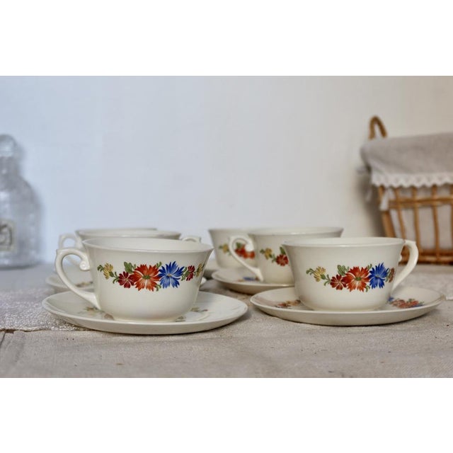 Earthenware Tea Cups and Saucers with Polychrome Floral Patterns from Royal Sphinx, Maastricht, Belgium, Set of 6 For Sale - Image 9 of 9