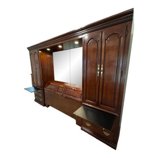 Vintage Thomasville Illuminated Cherry Queen Bed Unit- Headboard, Bridge, Nightstand Armoires, & Mirror For Sale